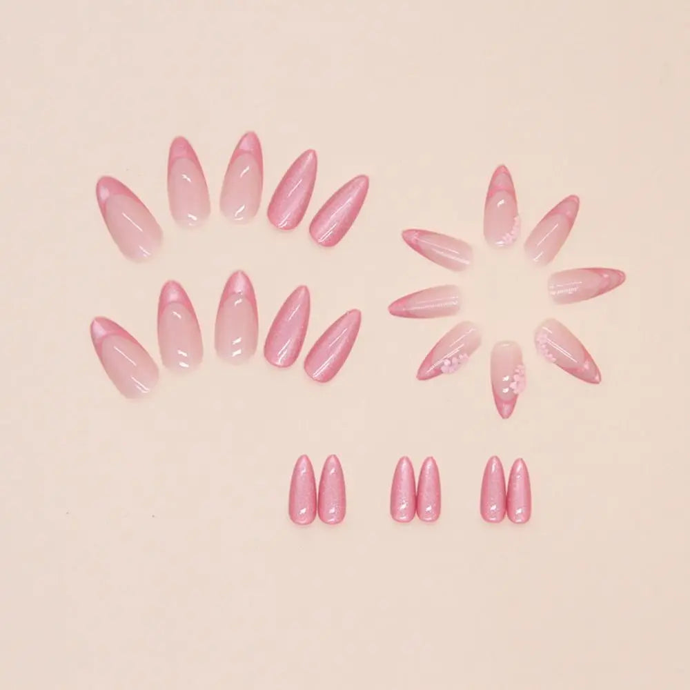 Manicure Long Almond False Nails Purple French Press on Nails Detachable Cat's Eye Cherry Fake Nials DIY
