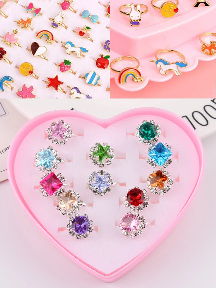 36PCS Children Adjustable Rings Girls Cute Pretend Play Makeup Toys Cartoon Jewelry Alloy Animal Enamel Ring Birthday Gift TMZ