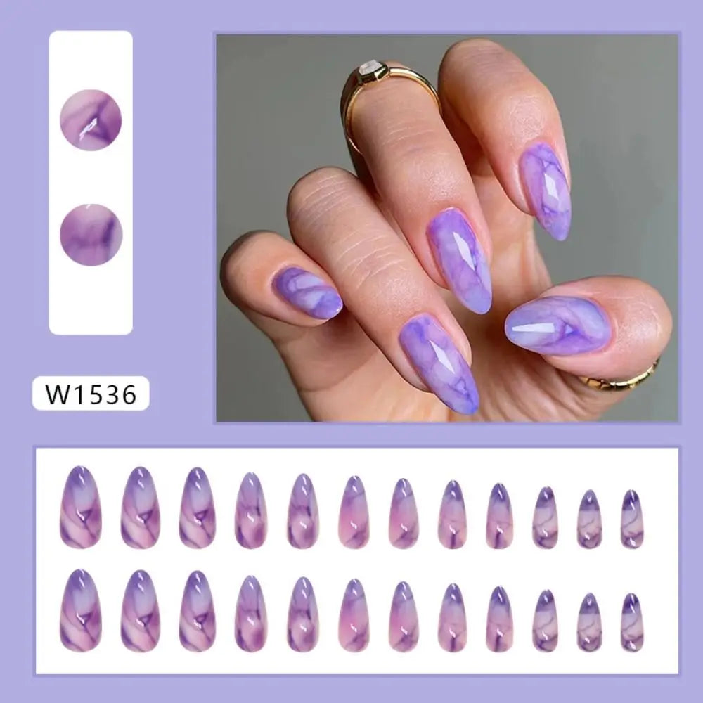 Manicure Long Almond False Nails Purple French Press on Nails Detachable Cat's Eye Cherry Fake Nials DIY