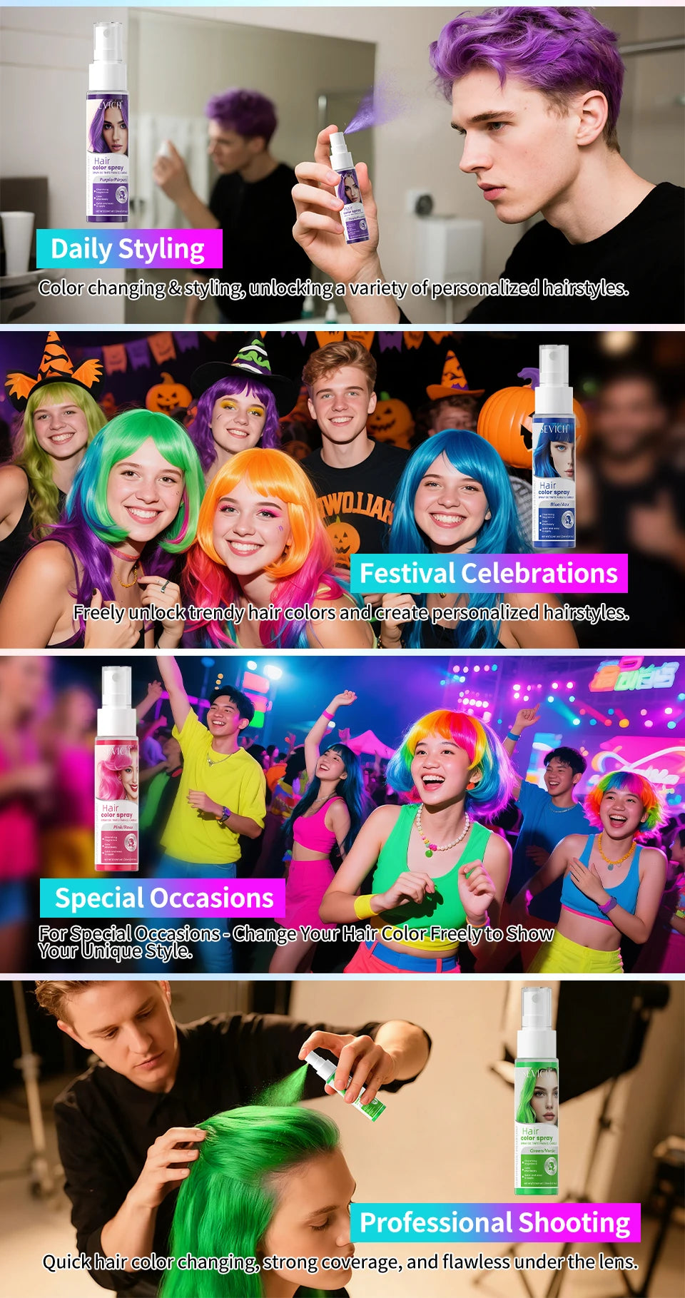 Halloween Hair Color Spray Disposable Hair Dye Spray DIY One-Time Hair Color Liquid Washable 8 colors Party Hair Styling Spray