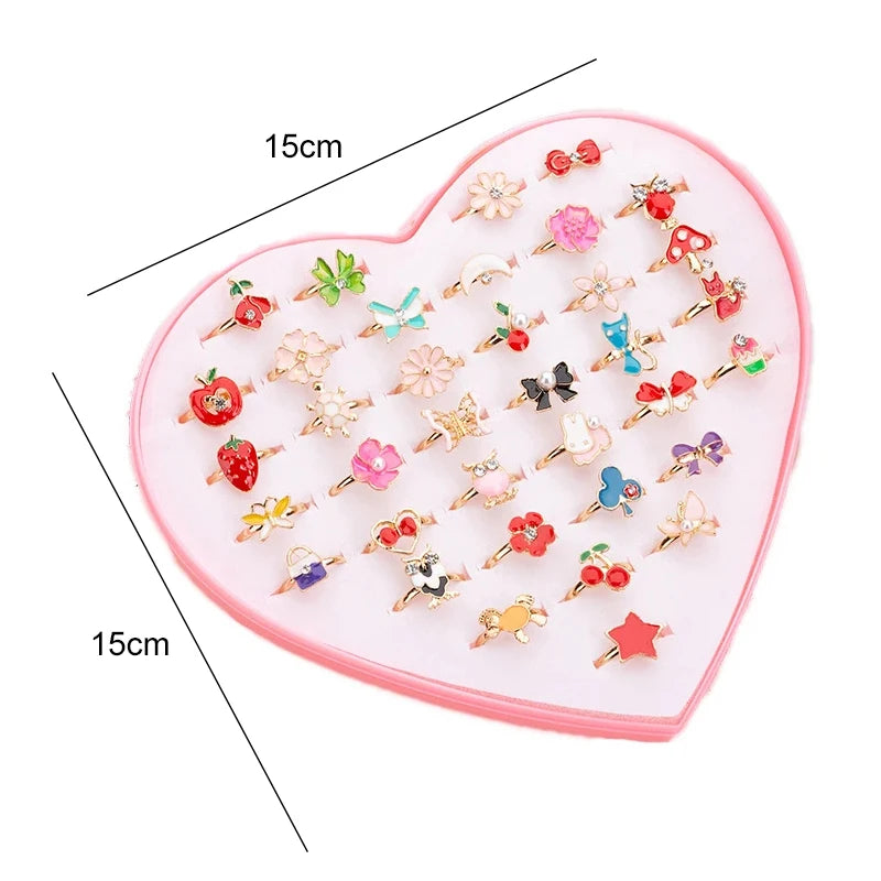 36PCS Children Adjustable Rings Girls Cute Pretend Play Makeup Toys Cartoon Jewelry Alloy Animal Enamel Ring Birthday Gift TMZ