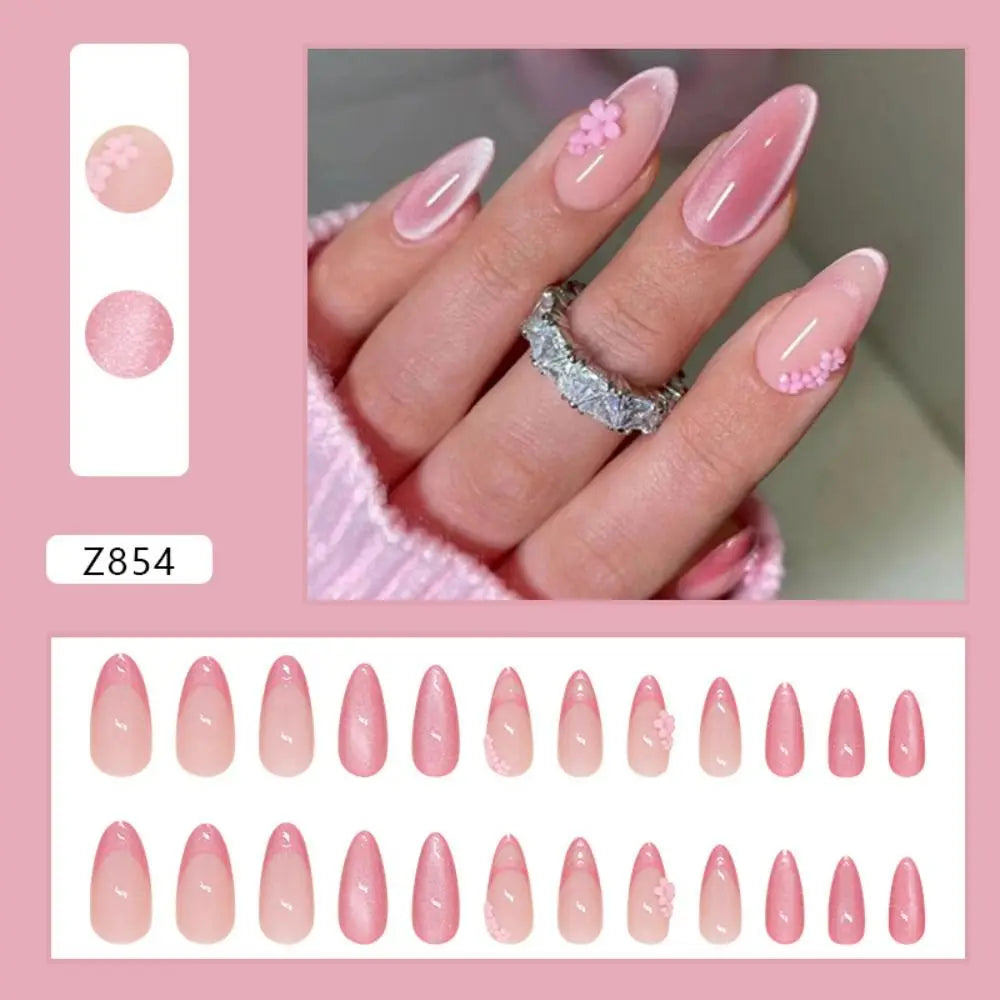 Manicure Long Almond False Nails Purple French Press on Nails Detachable Cat's Eye Cherry Fake Nials DIY