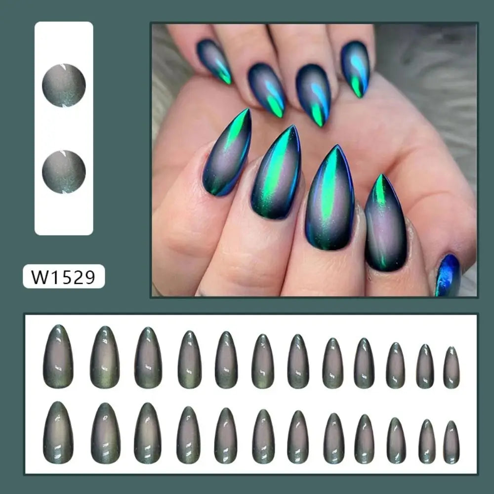 Manicure Long Almond False Nails Purple French Press on Nails Detachable Cat's Eye Cherry Fake Nials DIY