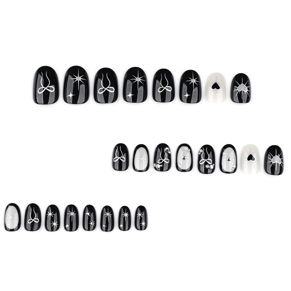 24pcs Gothic Style Black Fake Nails Silver Love Heart Bowknots Designs Y2k Press On Nails Short Almond Wearable False Nail Tips