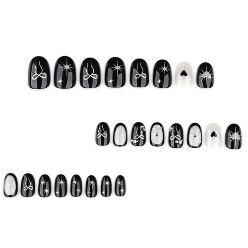 24pcs Gothic Style Black Fake Nails Silver Love Heart Bowknots Designs Y2k Press On Nails Short Almond Wearable False Nail Tips