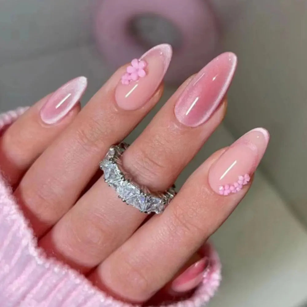 Manicure Long Almond False Nails Purple French Press on Nails Detachable Cat's Eye Cherry Fake Nials DIY