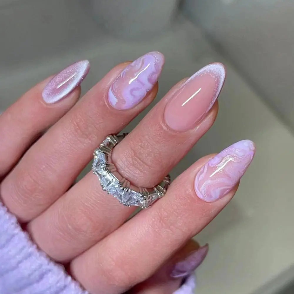 Manicure Long Almond False Nails Purple French Press on Nails Detachable Cat's Eye Cherry Fake Nials DIY