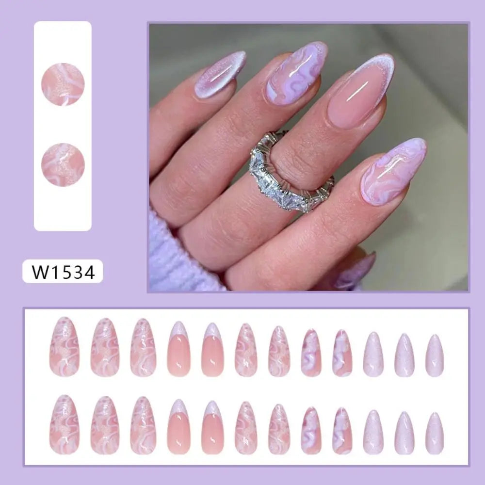 Manicure Long Almond False Nails Purple French Press on Nails Detachable Cat's Eye Cherry Fake Nials DIY