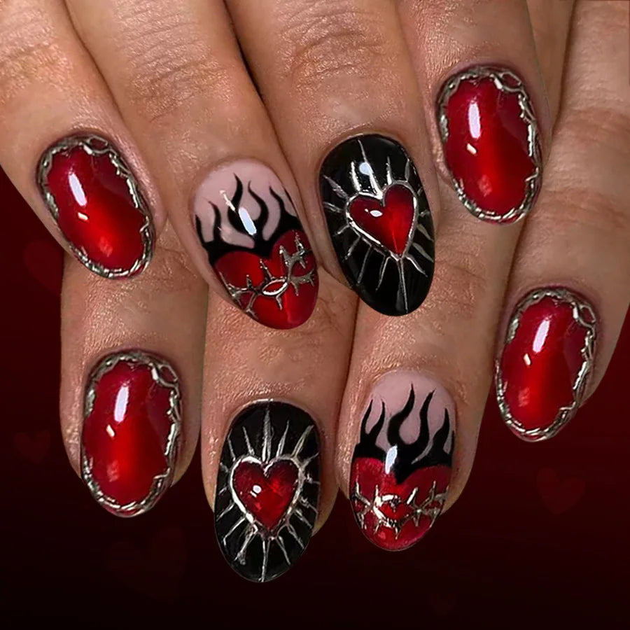 24pcs Gothic Style Black Fake Nails Silver Love Heart Bowknots Designs Y2k Press On Nails Short Almond Wearable False Nail Tips