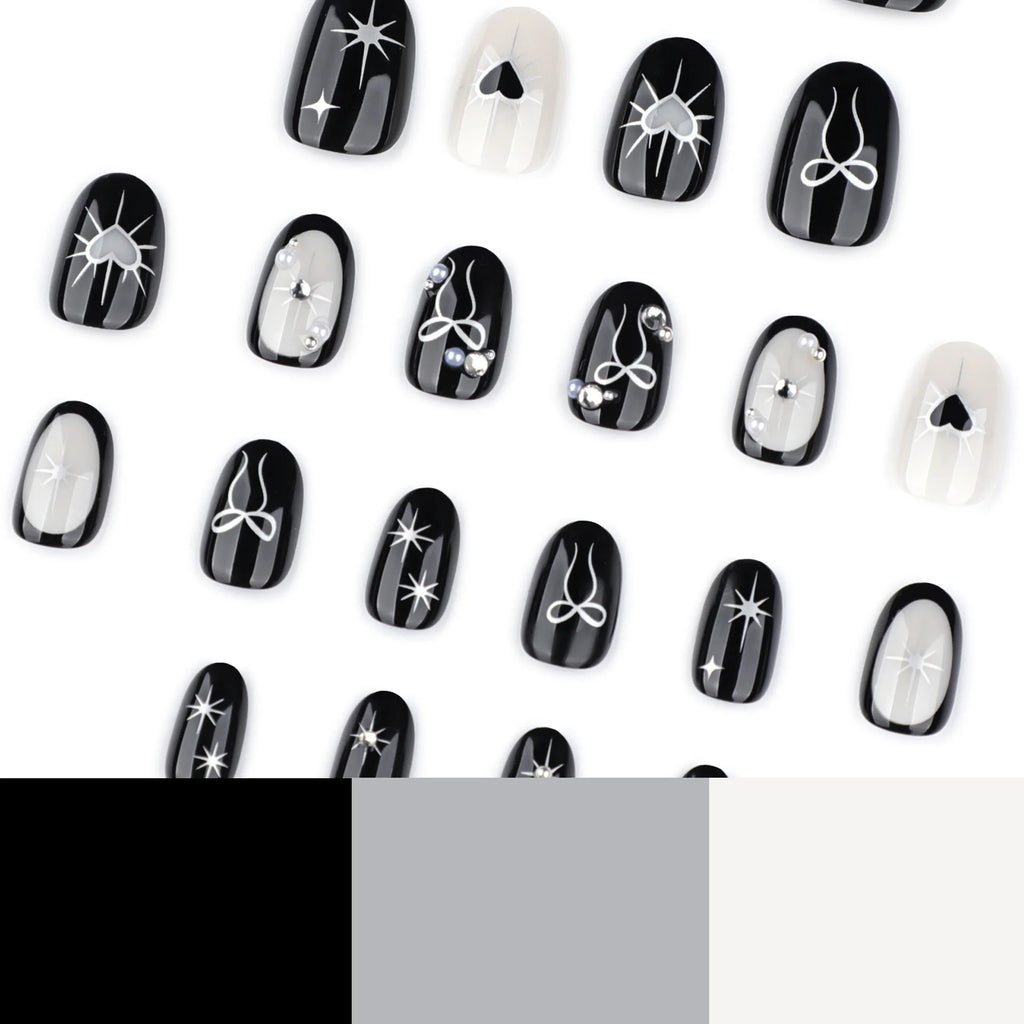 24pcs Gothic Style Black Fake Nails Silver Love Heart Bowknots Designs Y2k Press On Nails Short Almond Wearable False Nail Tips