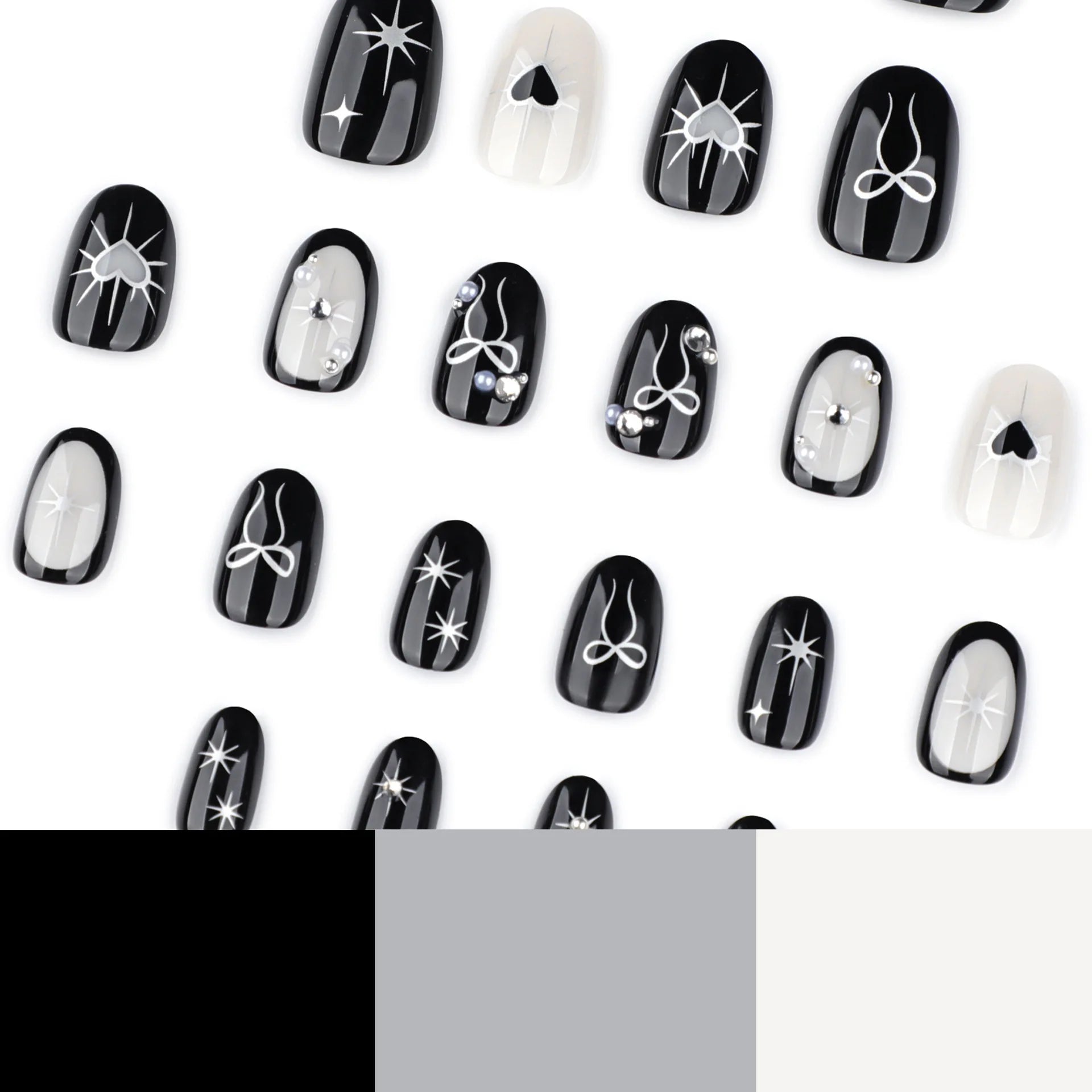 24pcs Gothic Style Black Fake Nails Silver Love Heart Bowknots Designs Y2k Press On Nails Short Almond Wearable False Nail Tips