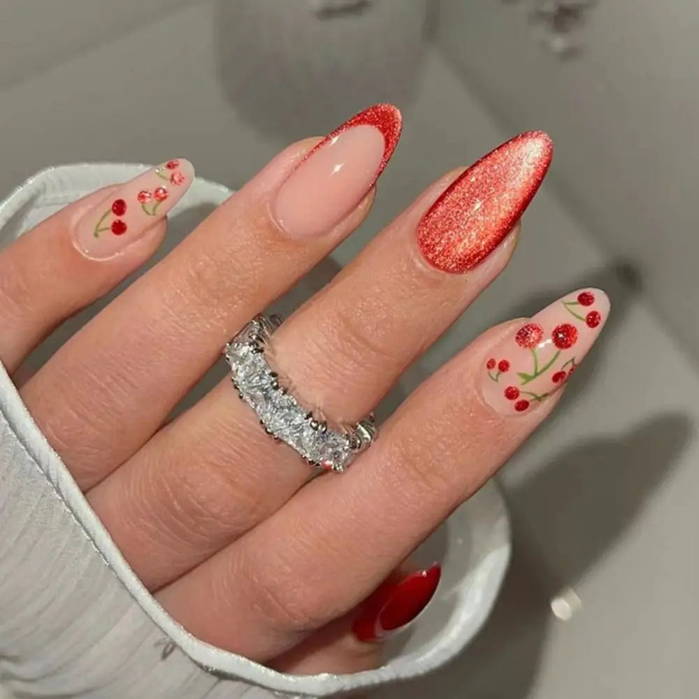 Manicure Long Almond False Nails Purple French Press on Nails Detachable Cat's Eye Cherry Fake Nials DIY