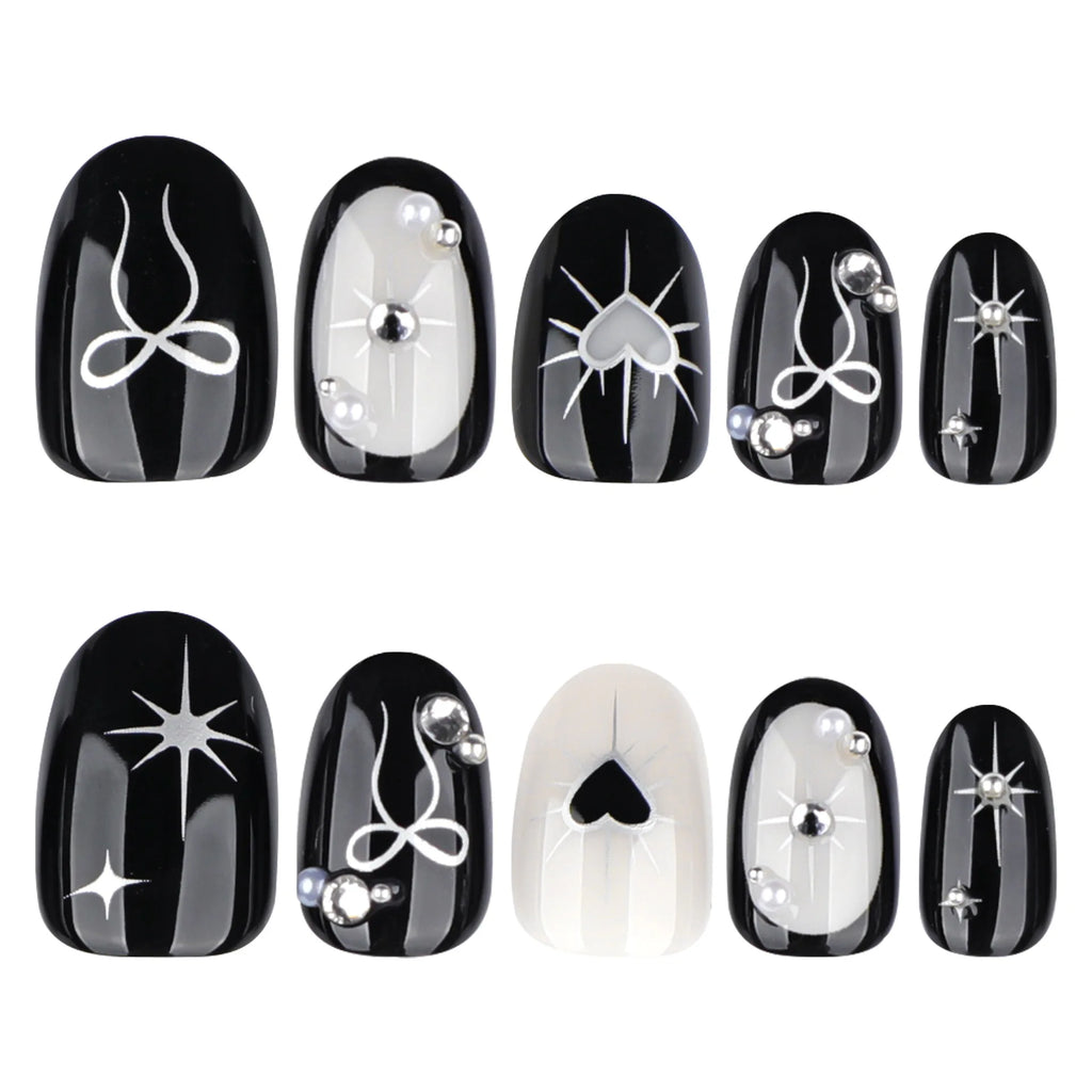24pcs Gothic Style Black Fake Nails Silver Love Heart Bowknots Designs Y2k Press On Nails Short Almond Wearable False Nail Tips