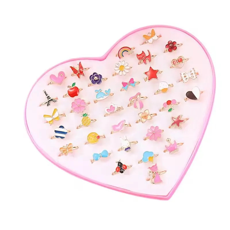 36PCS Children Adjustable Rings Girls Cute Pretend Play Makeup Toys Cartoon Jewelry Alloy Animal Enamel Ring Birthday Gift TMZ