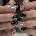 24pcs Gothic Style Black Fake Nails Silver Love Heart Bowknots Designs Y2k Press On Nails Short Almond Wearable False Nail Tips