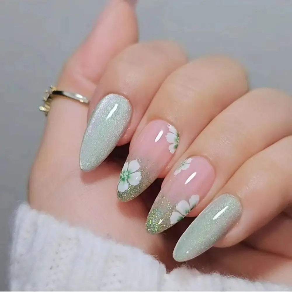 Manicure Long Almond False Nails Purple French Press on Nails Detachable Cat's Eye Cherry Fake Nials DIY