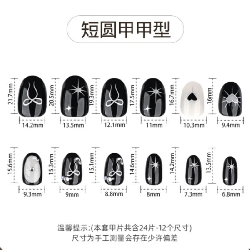 24pcs Gothic Style Black Fake Nails Silver Love Heart Bowknots Designs Y2k Press On Nails Short Almond Wearable False Nail Tips