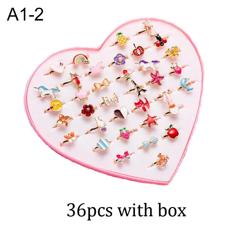 36PCS Children Adjustable Rings Girls Cute Pretend Play Makeup Toys Cartoon Jewelry Alloy Animal Enamel Ring Birthday Gift TMZ