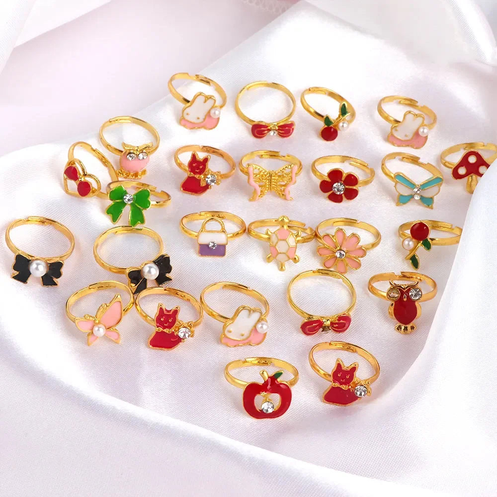 36PCS Children Adjustable Rings Girls Cute Pretend Play Makeup Toys Cartoon Jewelry Alloy Animal Enamel Ring Birthday Gift TMZ