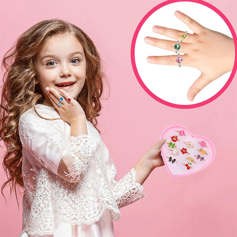 36PCS Children Adjustable Rings Girls Cute Pretend Play Makeup Toys Cartoon Jewelry Alloy Animal Enamel Ring Birthday Gift TMZ