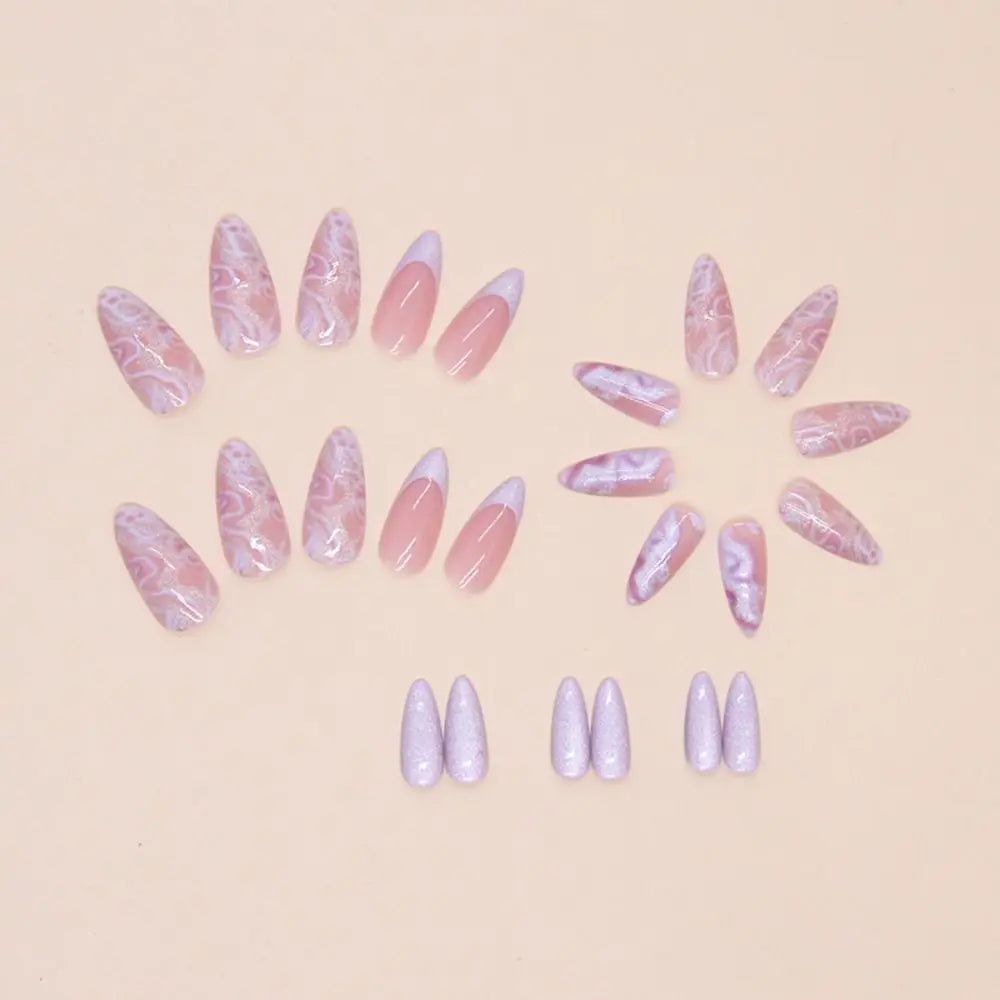 Manicure Long Almond False Nails Purple French Press on Nails Detachable Cat's Eye Cherry Fake Nials DIY