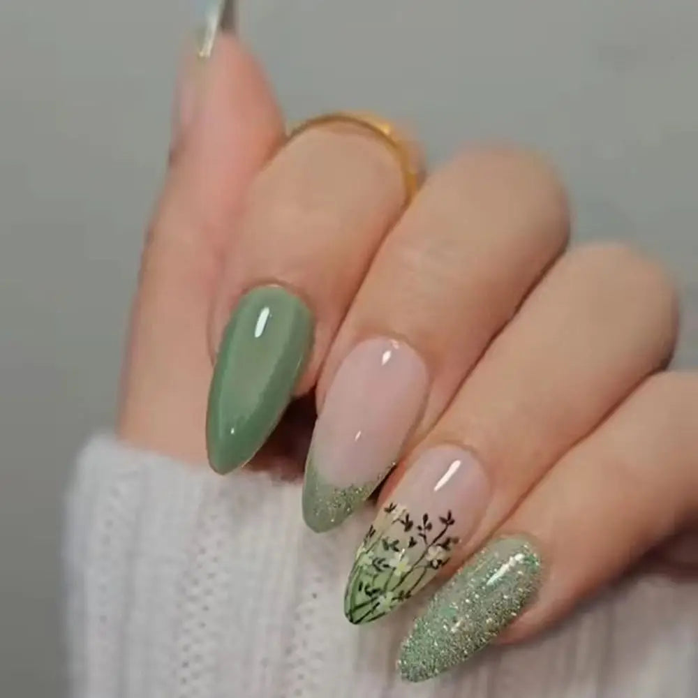 Manicure Long Almond False Nails Purple French Press on Nails Detachable Cat's Eye Cherry Fake Nials DIY