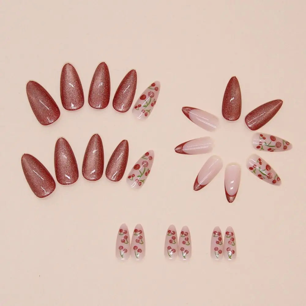 Manicure Long Almond False Nails Purple French Press on Nails Detachable Cat's Eye Cherry Fake Nials DIY