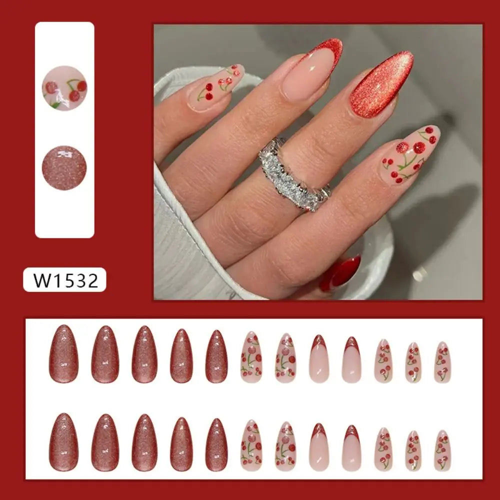 Manicure Long Almond False Nails Purple French Press on Nails Detachable Cat's Eye Cherry Fake Nials DIY