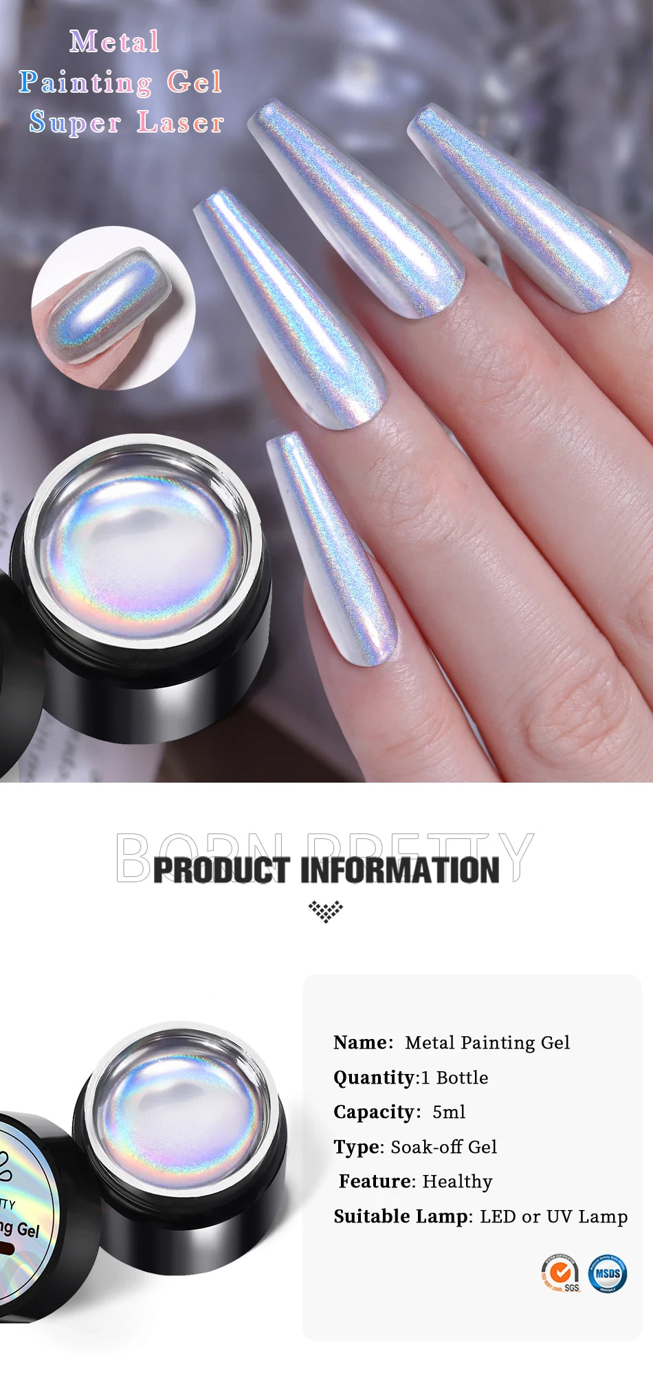 BORN PRETTY 5ml Super Sliver Metallic Gel Nail Polish Holographics Metal Effect Painting Liner DIY Nail Art Decoration Varnish