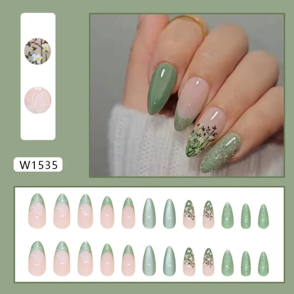 Manicure Long Almond False Nails Purple French Press on Nails Detachable Cat's Eye Cherry Fake Nials DIY